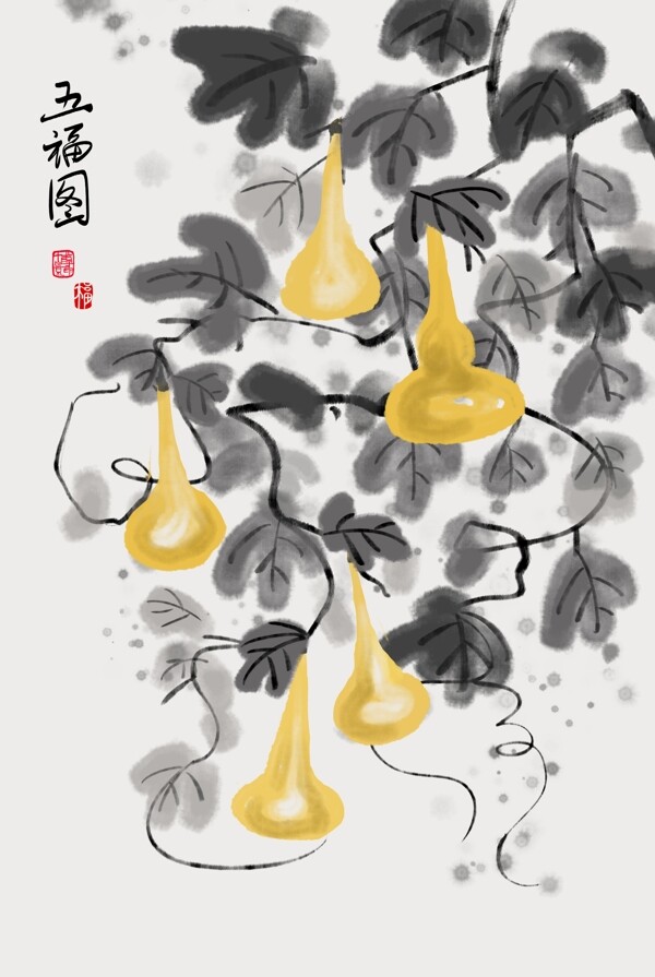 中式葫芦藤淡彩水墨画装饰画图片