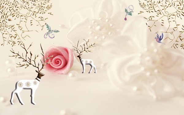 北欧麋鹿玫瑰3D壁画电视背景