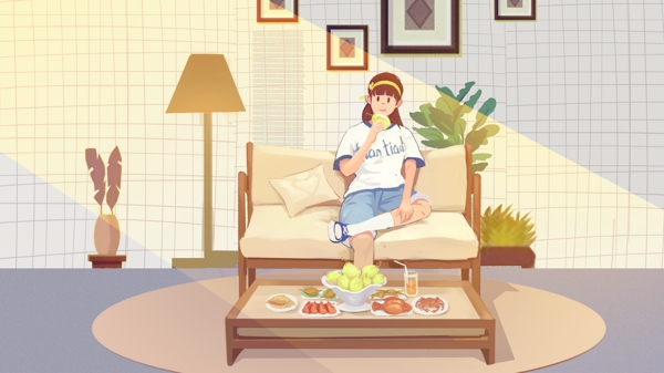 室內女孩居家小清新插畫