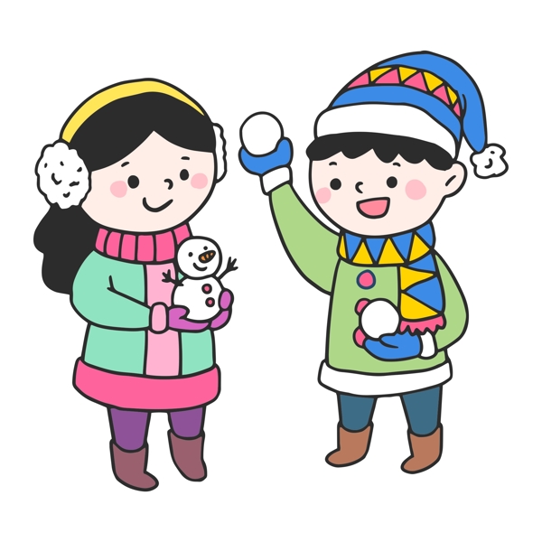 卡通圣诞节冬季雪地堆雪人的小孩子
