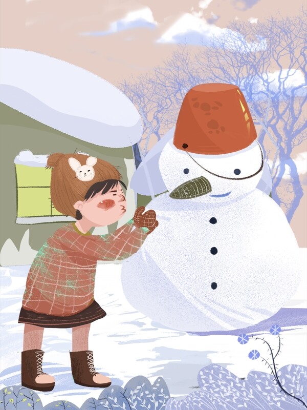 原創(chuàng)插畫堆雪人的小女孩