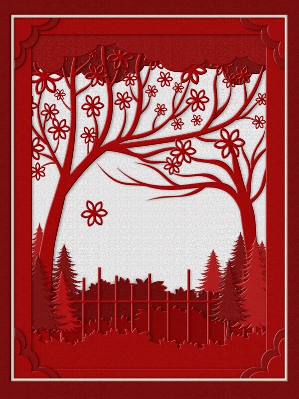 红色剪纸风树林背景设计