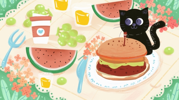 早餐早安猫咪食物餐桌野餐咖啡面包水果牛奶