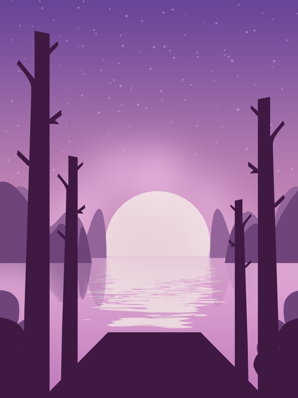 扁平化紫色湖面日出背景素材