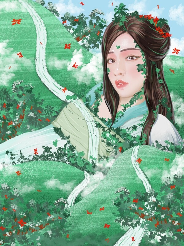 枫叶气韵女神仙境中国风古风美女自然插画