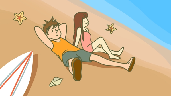 夏天沙滩情侣插画