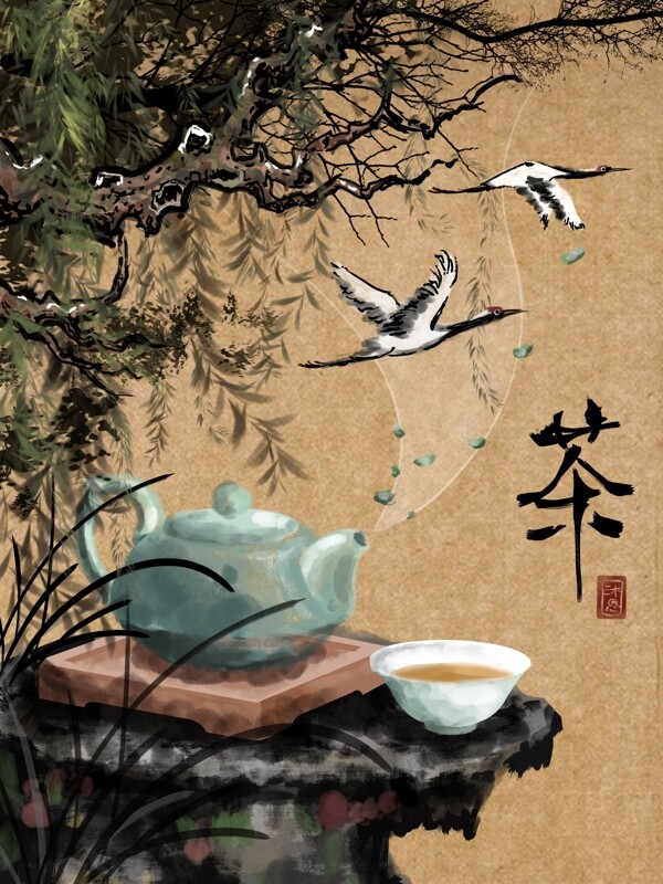 中国风春茶节水墨柳树春天仙鹤茶叶茶具假山