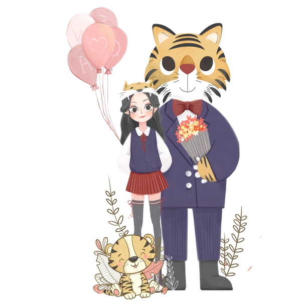 卡通小清新拿着气球的女孩和猫咪先生
