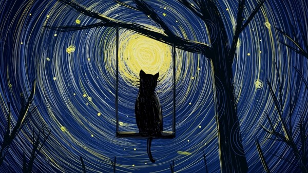 线圈印象萌宠系列月光下的猫咪背影插画海报