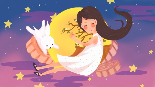 中秋节拥抱月亮的女孩和飞行的兔子原创插画