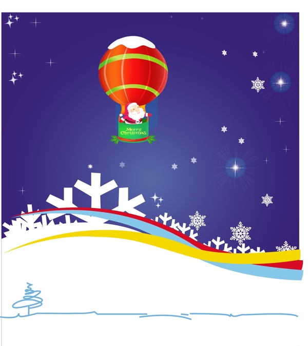 圣诞老人乘坐蓝色背景气球飞行