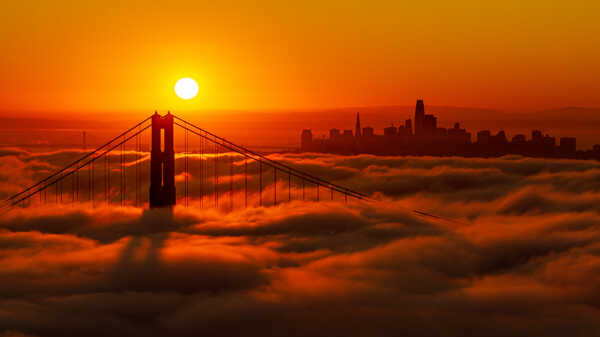 城市大桥夕阳云海风景