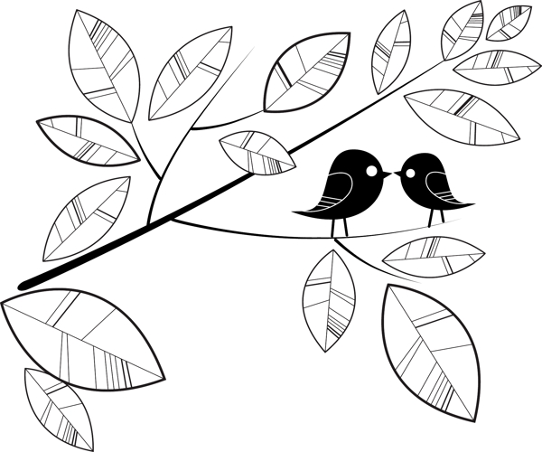 可爱的小鸟和程式化的分支和叶子
