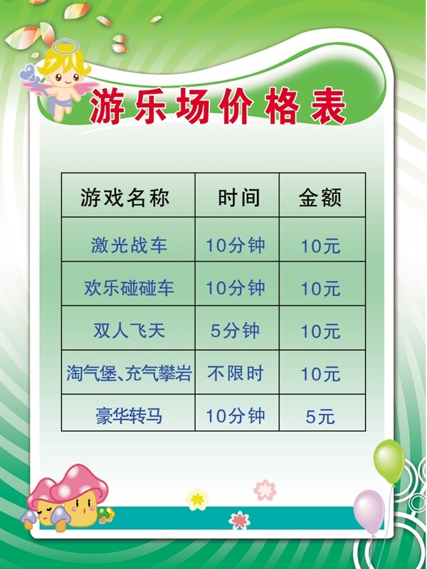 游樂場價格表圖片