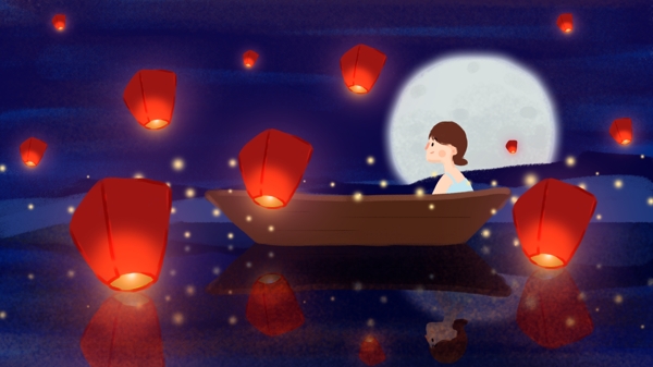 中元节七月半女孩河灯祈愿月亮湖孔明灯夜晚