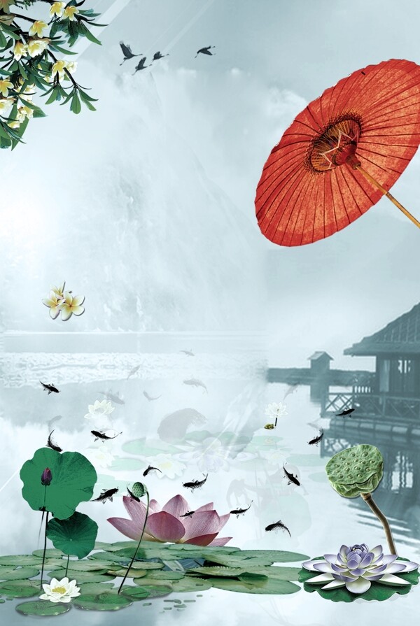 莫兰迪中国风古建筑纸伞海报