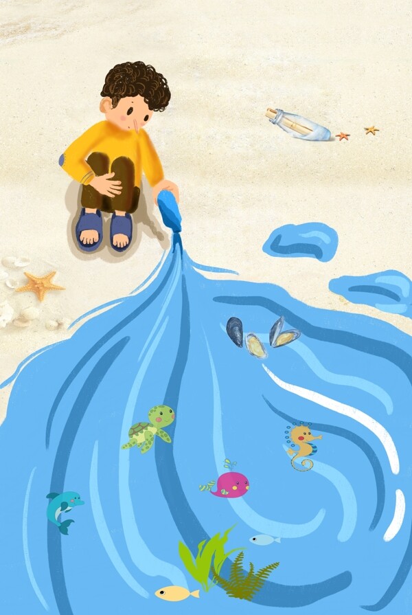 卡通海边男孩趣味可爱沙滩背景图