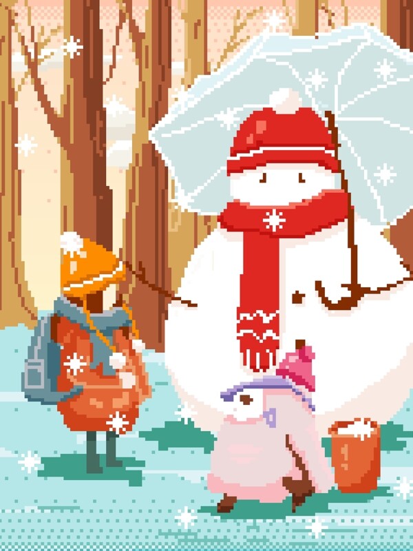 堆雪人打雪仗冬天下雪圣诞节节气像素风插画