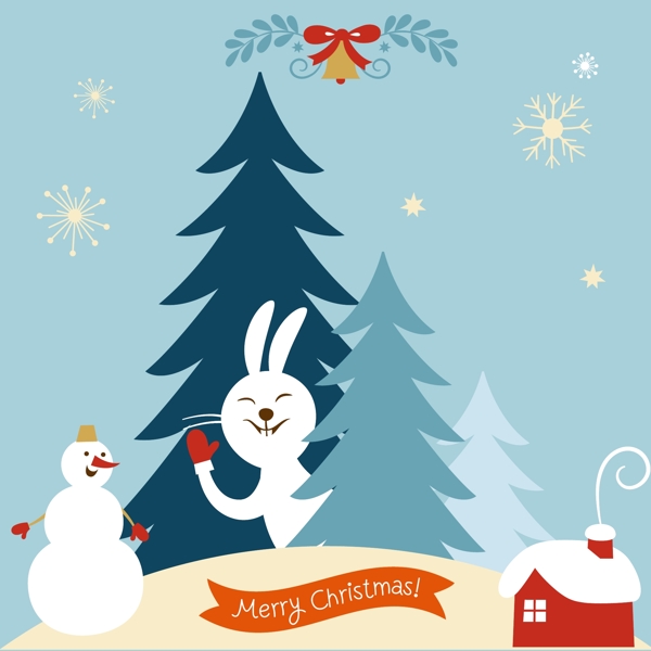北欧复古圣诞卡通小兔子海报