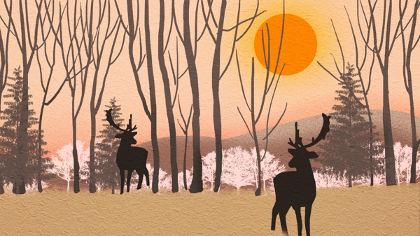 简约清新夕阳下的森林与鹿
