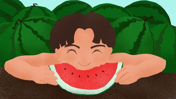 吃西瓜的少年夏天夏至小清新插畫