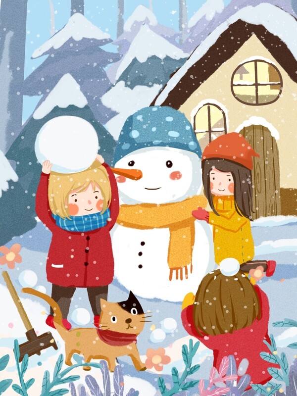 冬天早晨孩子们打雪仗堆雪人可爱温暖插画