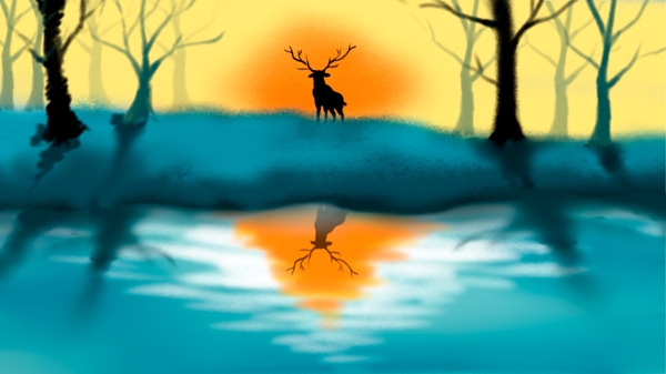 简约清新水彩风森林与鹿插画