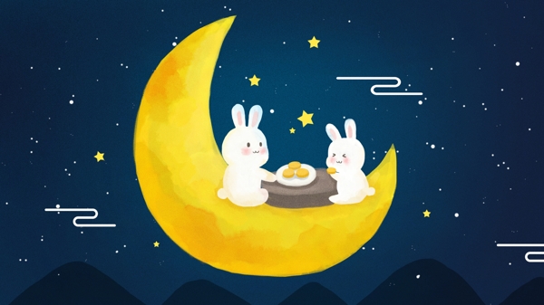 中国传统中秋节月饼月亮玉兔夜晚手绘插画