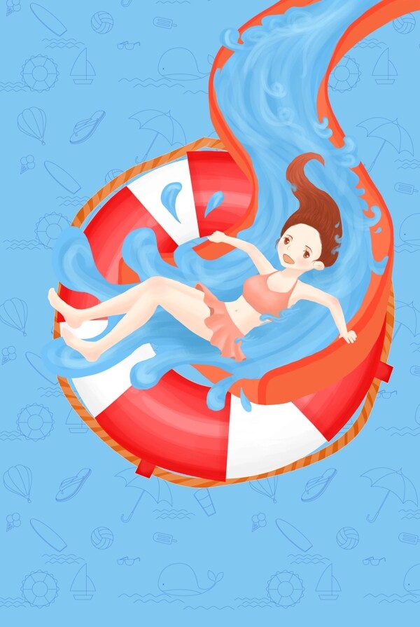 卡通手绘红蓝夏日水上乐园滑梯救生圈海报背