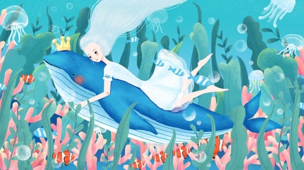 海底冒险骑鲸鱼的女孩小清新噪点肌理插画