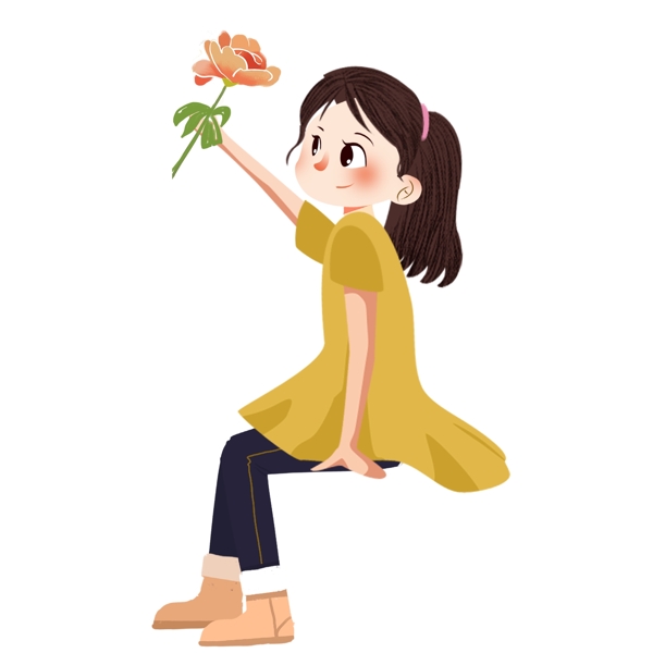 手绘可爱拿着一支花的孩子