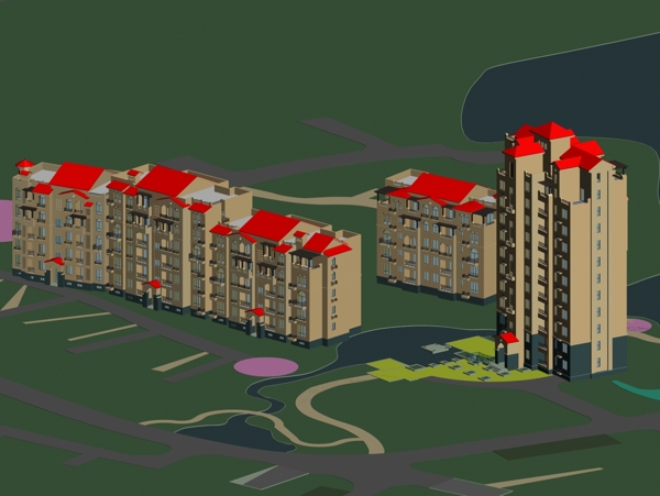 红坡顶多层多栋塔式住宅楼模型