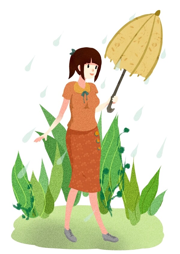 清明节撑伞的女孩插画