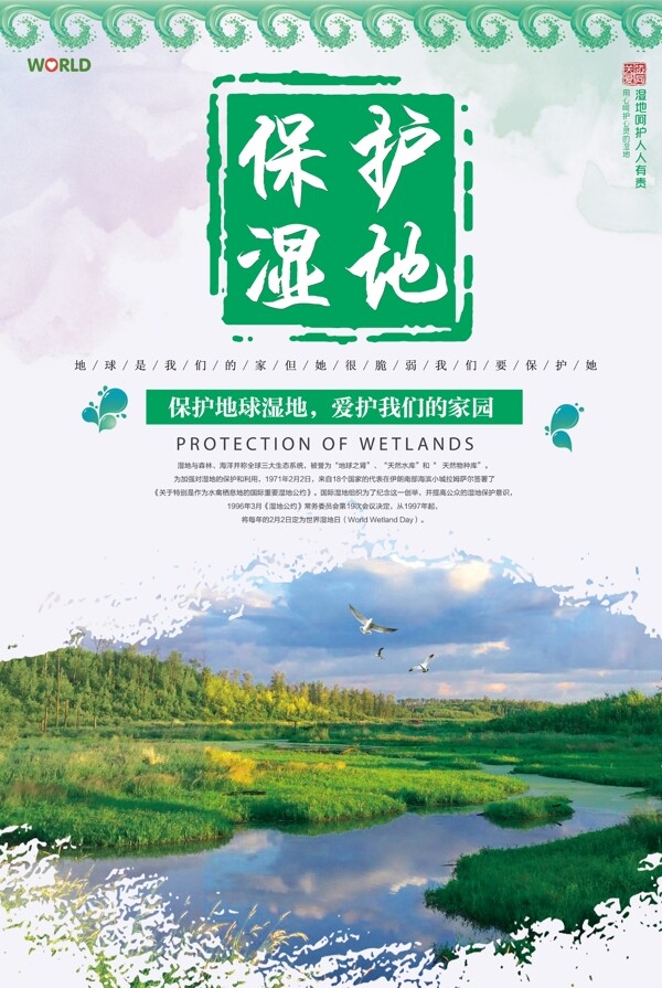 绿色简约保护湿地宣传海报
