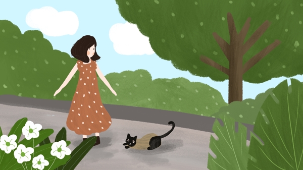 你好系列小猫女孩路边小清新手绘插画配图