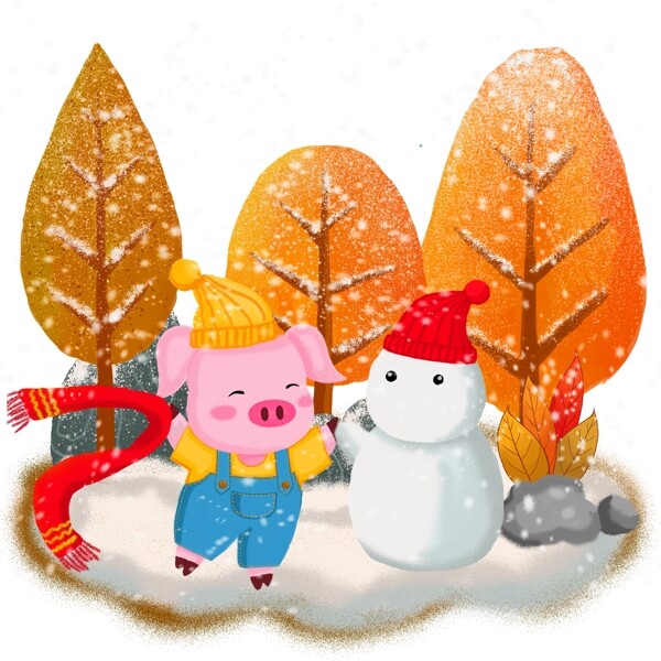 猪年动物猪手绘可爱卡通堆雪人的小猪形象
