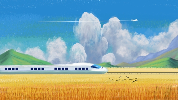 手绘偏写实春运回家沿途的风景火车高铁飞机