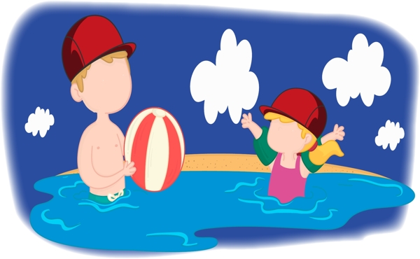 卡通风夏季父女水中嬉戏元素