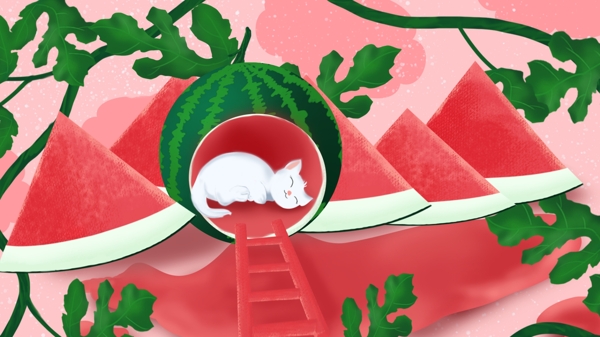 西瓜夏天小貓做夢(mèng)場(chǎng)景插畫(huà)