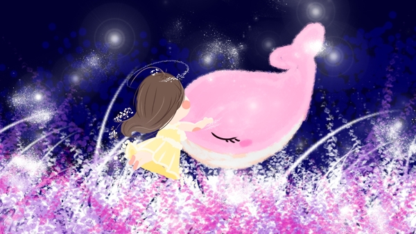 小女孩与鲸鱼唯美梦幻梦游仙境插画插图