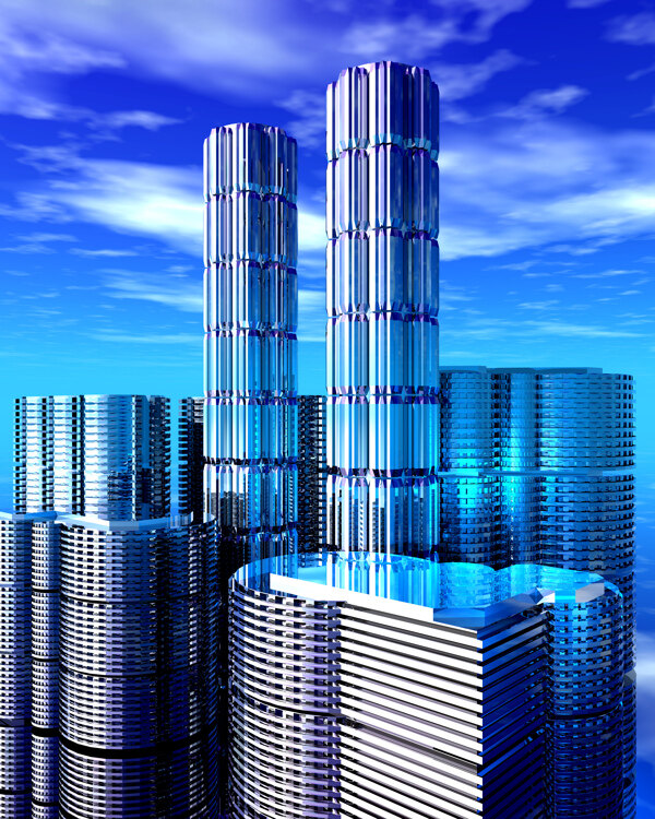 商業(yè)空間樓房建筑效果圖高樓大廈高科技區(qū)水滴科幻