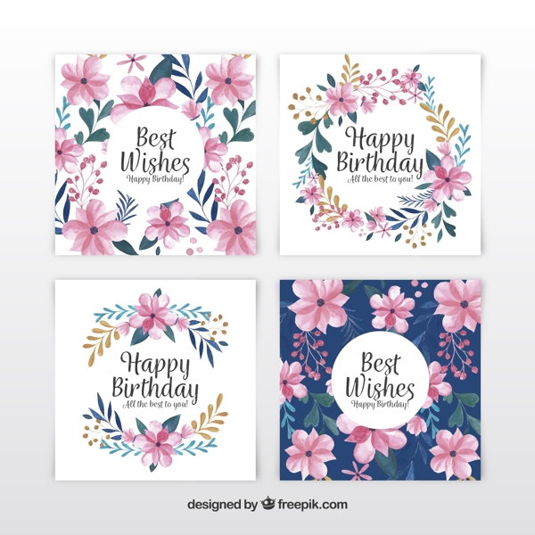 4款彩绘花卉生日卡片矢量素材