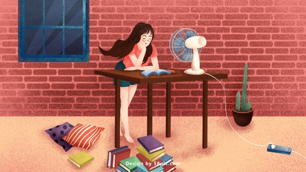 夏天吹风扇看书的女孩原创插画海报