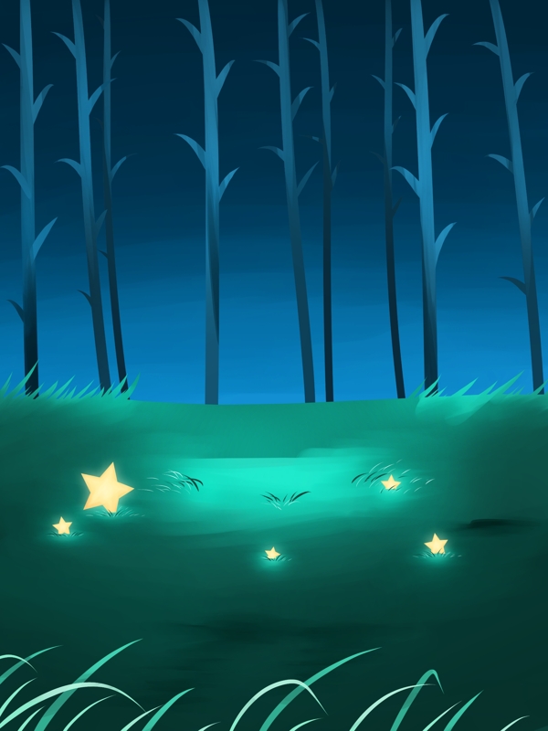 蓝色树林草地星星背景设计