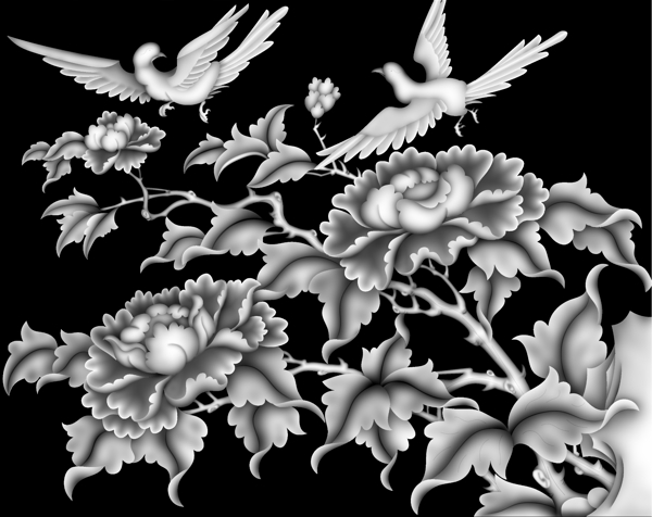 牡丹花鳥灰度圖