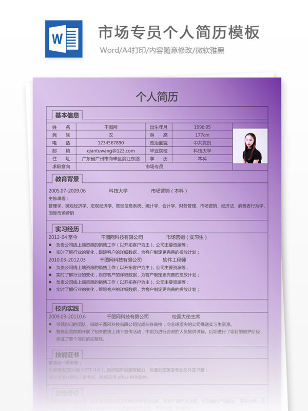 市場專員個人簡歷模板
