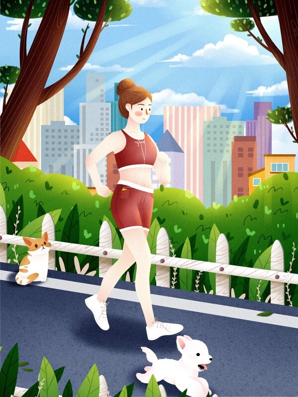 健身运动女孩跑步插画