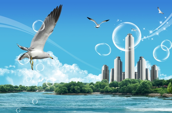 海边的建筑海鸥自由飞翔翅膀跨海大桥