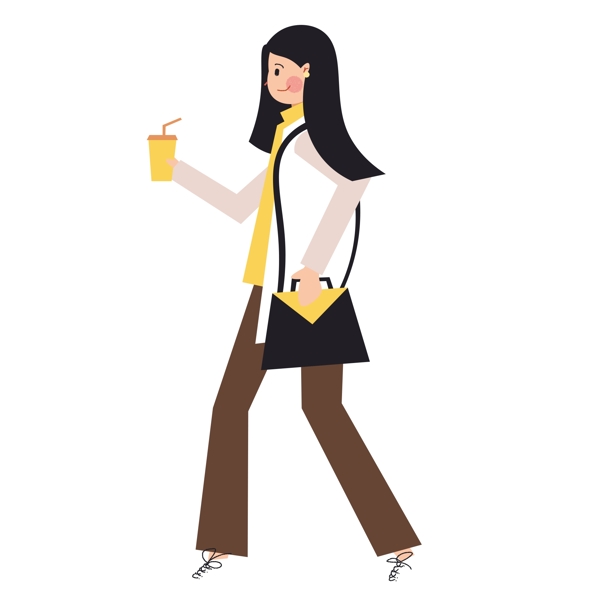 手繪卡通女孩拿著飲料走路原創(chuàng)元素