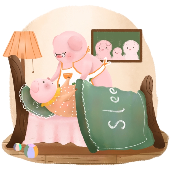 生肖动物猪卡通可爱儿童手绘插画晚安睡觉元素